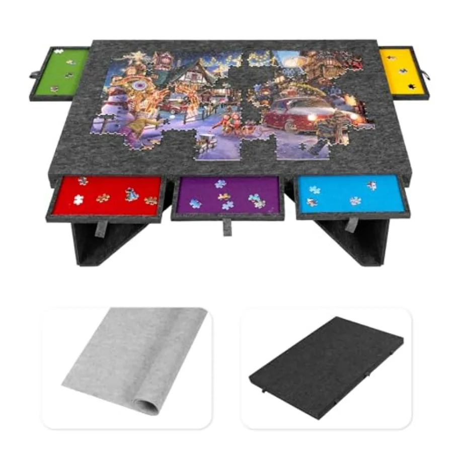 

Portable jigsaw puzzle board for adults, felt material with 5 colored drawers, dark gray, super lightweight with cover, stores