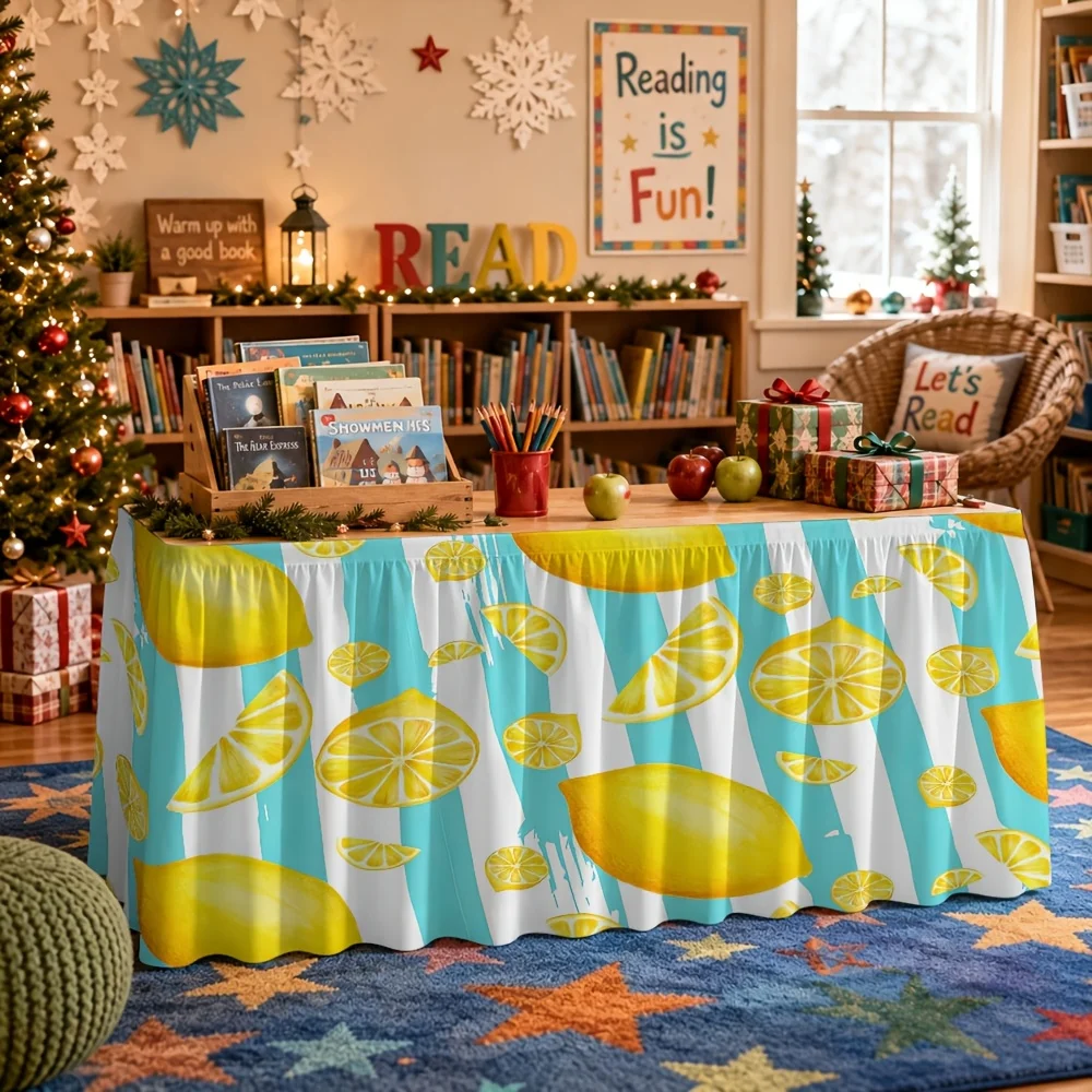 1-Pack yellow lemon print table skirt covers for party events, kitchen and dining room decorations
