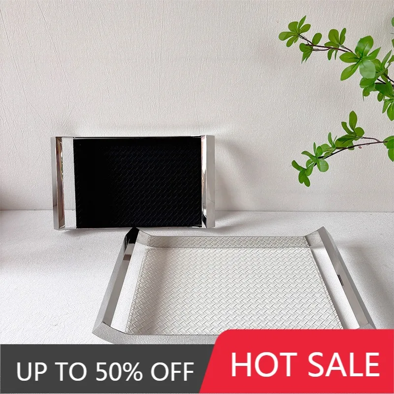 Stainless Steel Organizer Tray Leather Woven Storage Trays Modern Luxury Decorative Tray Rectangular Accessory Trays With Handle
