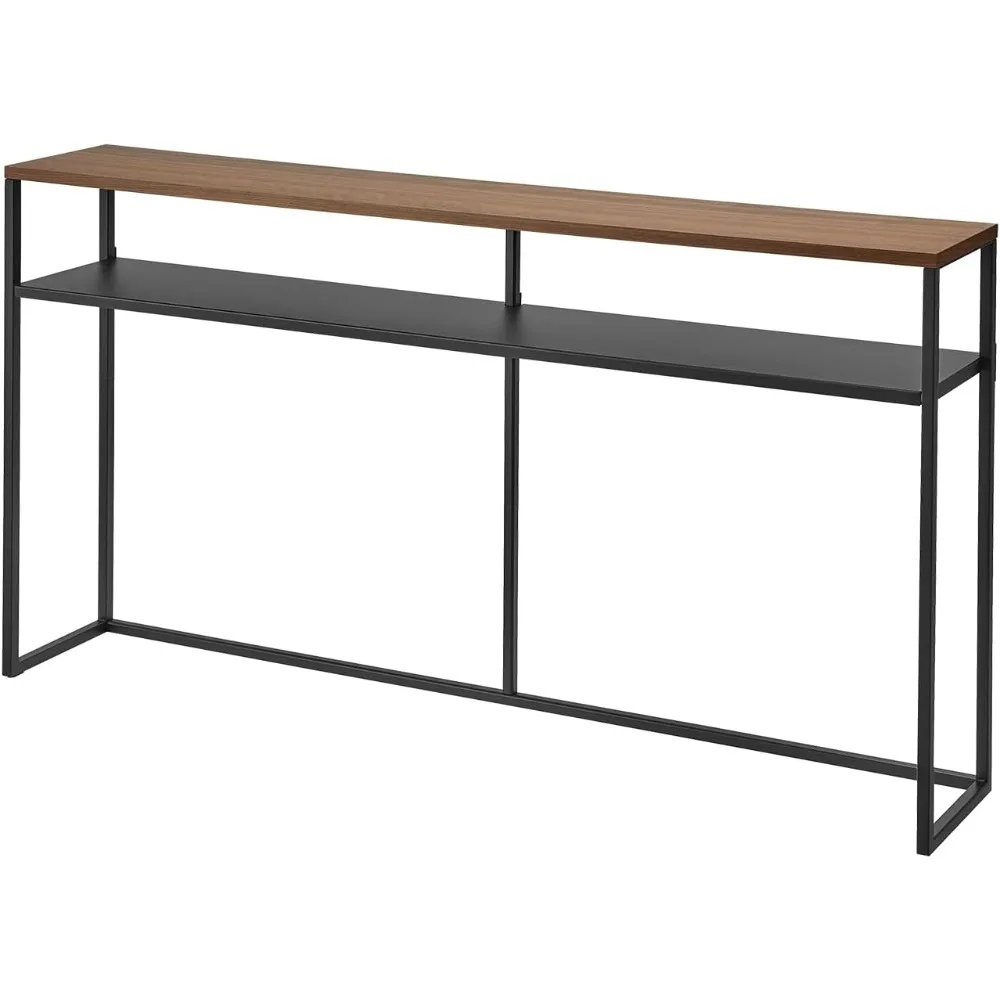 Yamazaki Home Mesa de sofá larga y estrecha para entrada o pasillo con tapa de madera y estante de metal, acero negro