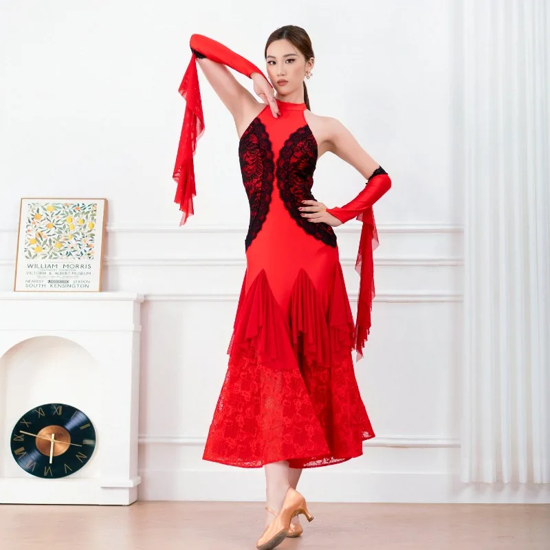 Customized Modern Dance Dress Hanging Neck Connecting Fishbone Lace Skirt Training Practice Clothing Performing Dresses