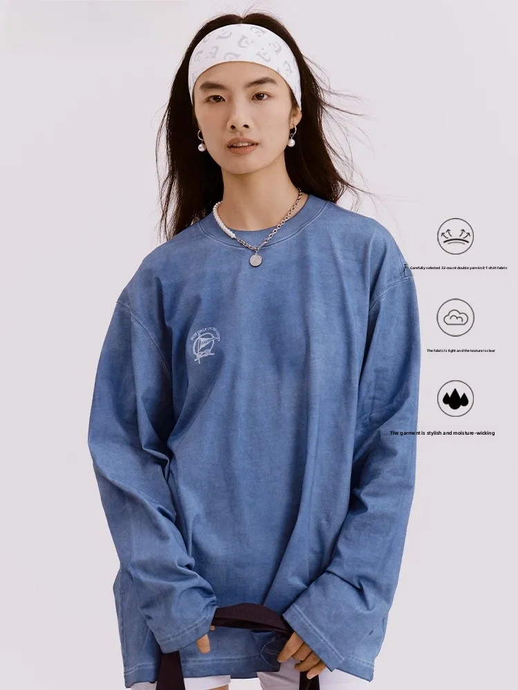 

Loose Fit Casual Sle round Ne Long Sve T-irt Ultra Fit Cotton Spring Autumn ey Blue adient Print Comfortable Top