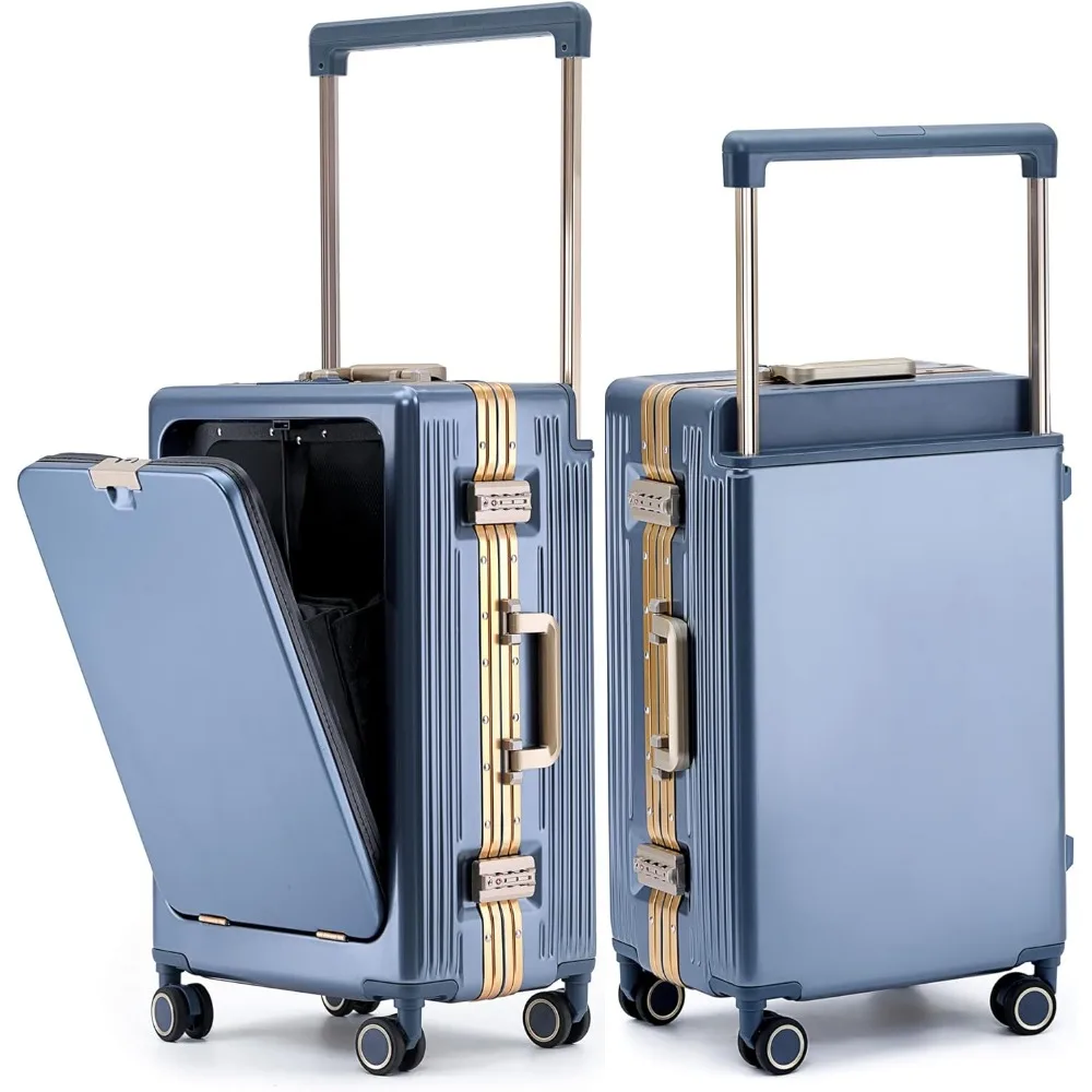 

20" Aluminium Frame Hardside PC Carry on Luggage - Wide Handle Double Spinner Wheels Suitcase with TSA lock