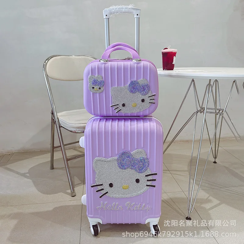 Kawaii Hello Kittys Diamond Trolley Case Anime Sanrios Suitcase Universal Wheel Female Student Travel Rolling Luggage Girls Gift