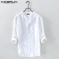 INCERUN Nam Áo Sơ Mi Cotton 3/4 Tay Cổ Đứng Bông Tai Kẹp Áo Màu Vintage Thương Hiệu Sơ Mi 2022 Dạo Phố Camisa Masculina