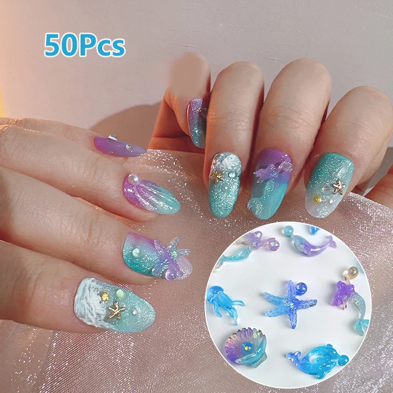 50Pcs 3D Ocean Nail Art Charms Summer Starfish Seashell Nail Decoration Resin Luminous Gradient Nail Accessories Supplies