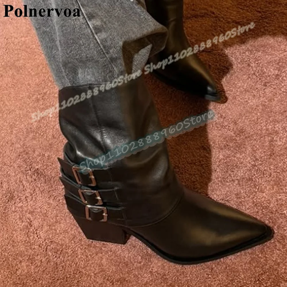 

Plus Size Black Leather Buckle Strap Pointy Boots Thick Heel Shoes For Women Slip On Pointed Toe Occidental Zapatos Para Mujer