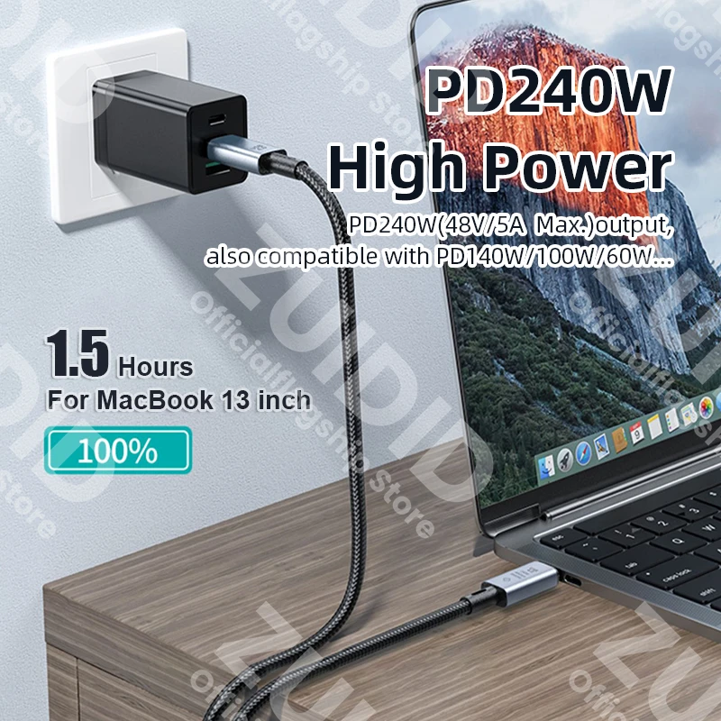 PD240W/100W USB4.0 40Gbps Type C to C Cable 5A Fast Charging Cable 8K@60Hz for MacBook Pro PS5 Nintendo Switch Galaxy Steam Deck