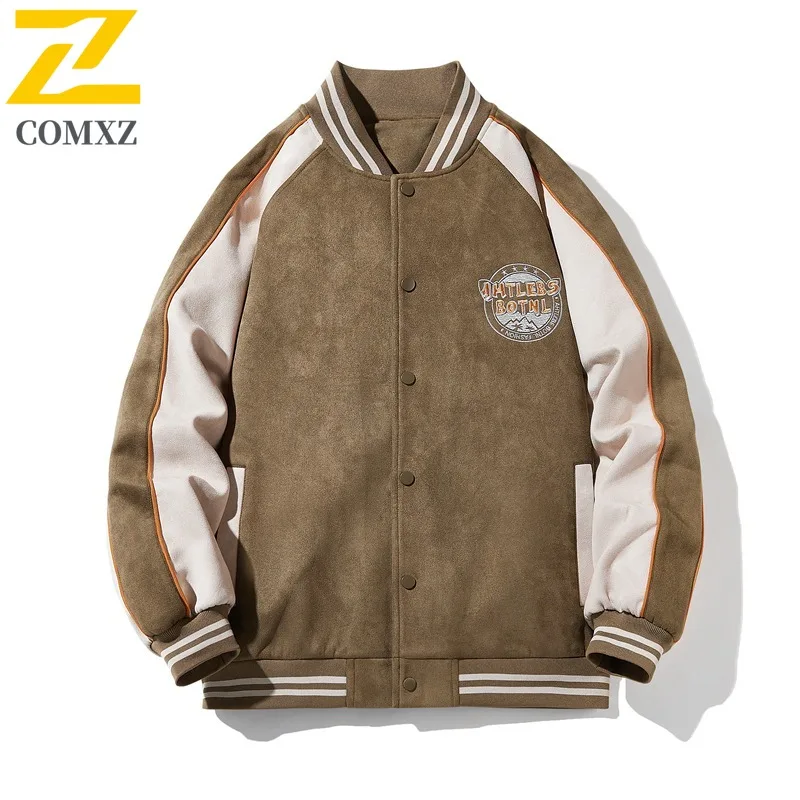 

COMXZ Spring Embroidery Jacket Coat Men Trendy Color Block Raglan Sleeve Baseball Jacket Loose Versatile lightweight windbreaker