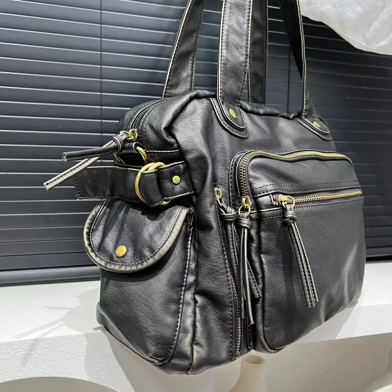 Borsa da moto per ragazza calda Y2K invecchiata alla moda da donna borsa a tracolla in pelle vegana lavata Multi-tasca di grande capacità