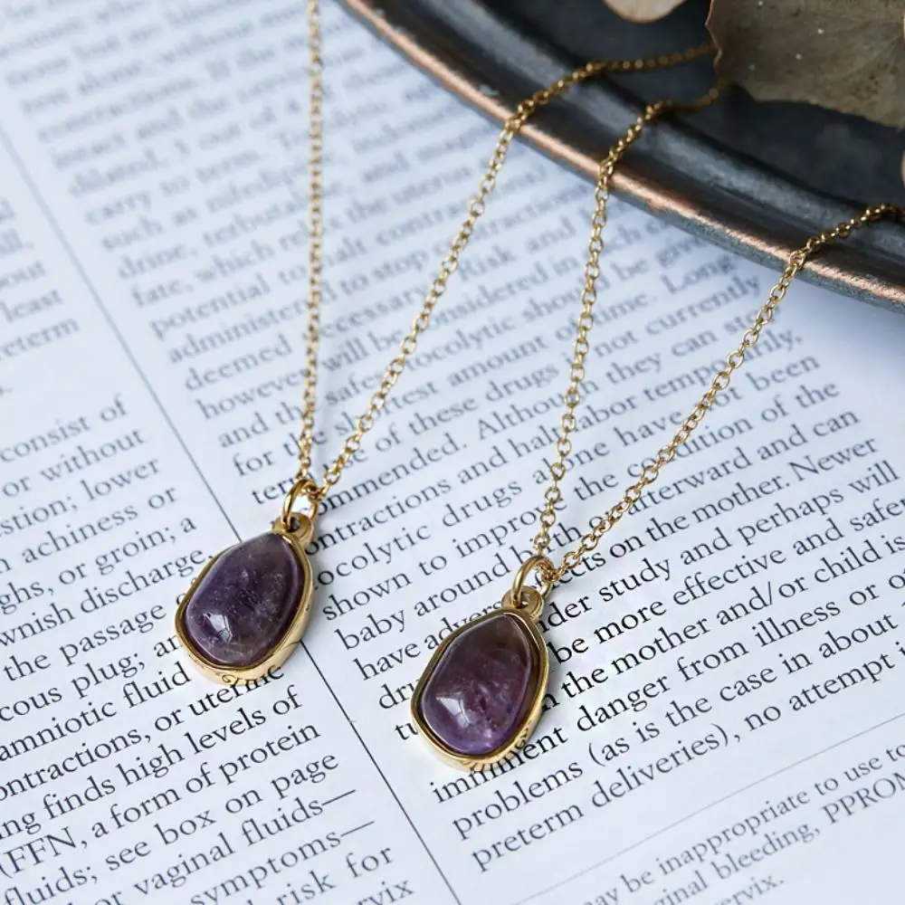 

Purple Green Stone Necklace Plated 18K Gold Casual Geometric Pendant Necklaces Irregular Stainless Steel Gold Collarbone Chain