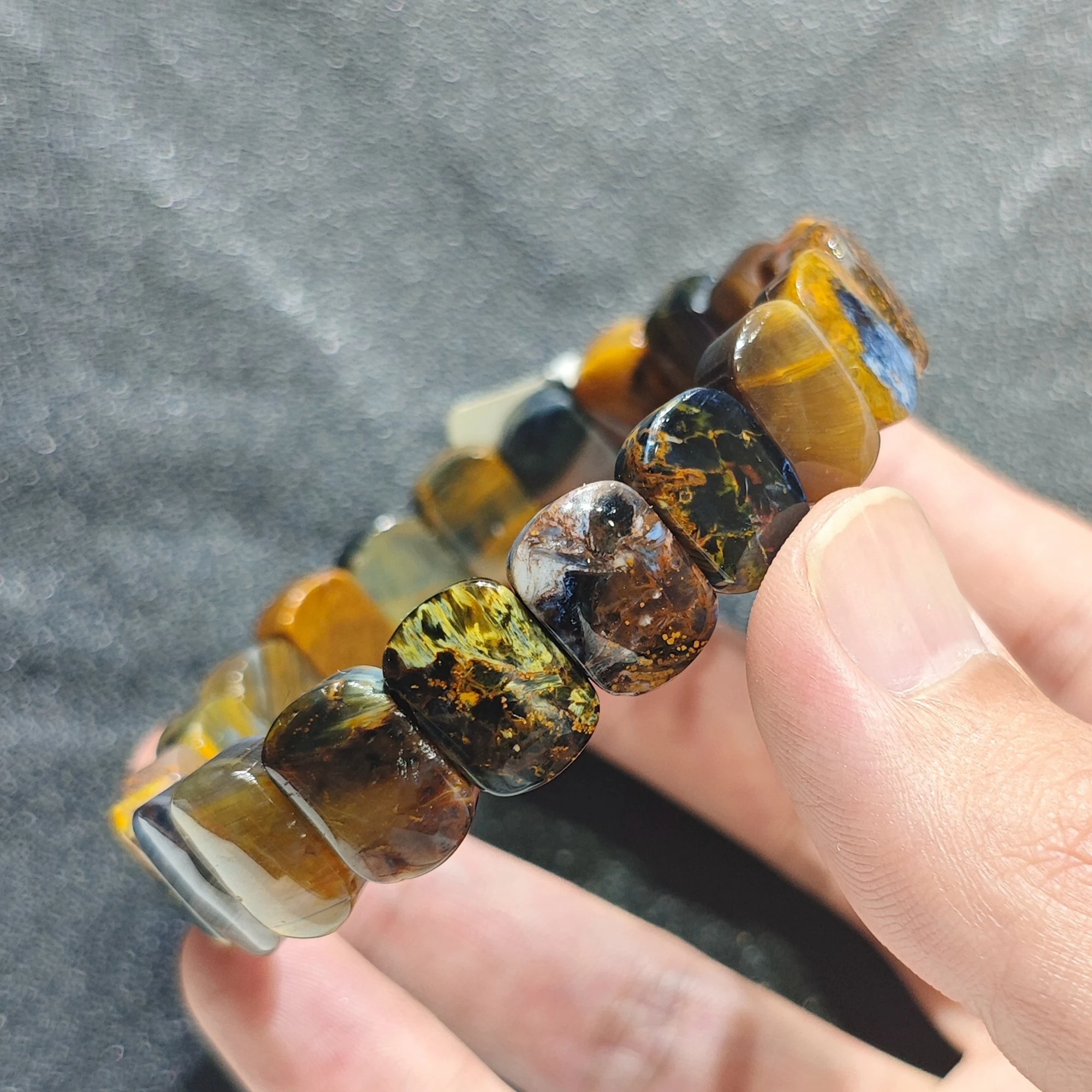 Pietersite Bracelet Bamboo Joint Block Cuff Bangle Tempest Stone Rectangle Gemstone Beads Stretch Wristwear Gift