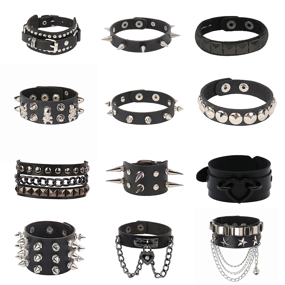 PU Leather Bracelet Punk Bracelet Adjustable Goth Cuff Studded Bracelet Gothic Rivet Buckle Wristband Bangle for Men Women