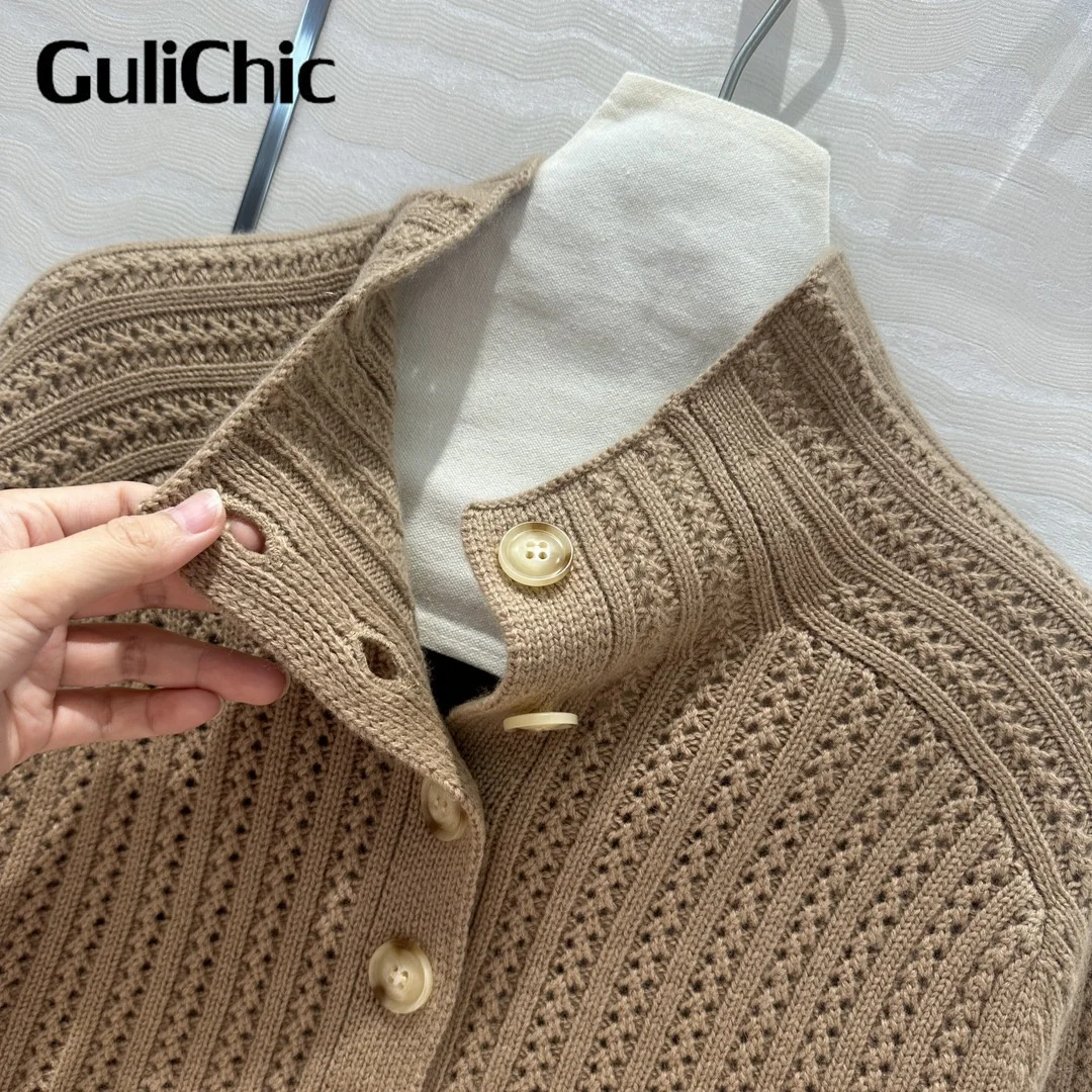 9.3 GuliChic Women Temperament Sweet Turtleneck Collar Single Breasted Reversible Design Wool Cashmere Knit Cardigan Lady