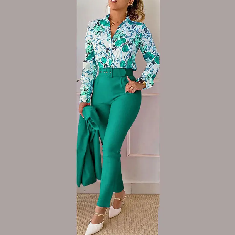 Print Button long Sleeve Two Piece Set Women V-neck Shirt And Pants Elegant Suits 2023 Fashion Women Slim Office Blouses Sets