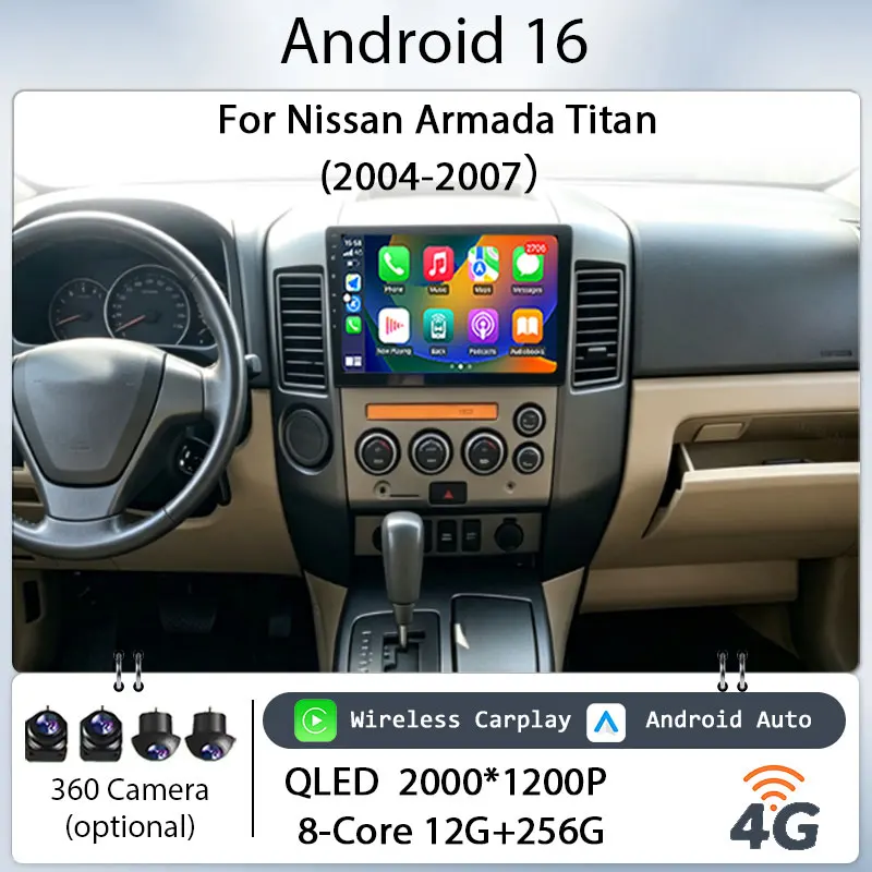 Android 16 9 Inch Car Radio for Nissan Armada Titan 2004‑2007 Built‑in CarPlay Android Auto Multimedia Player HD Display Support