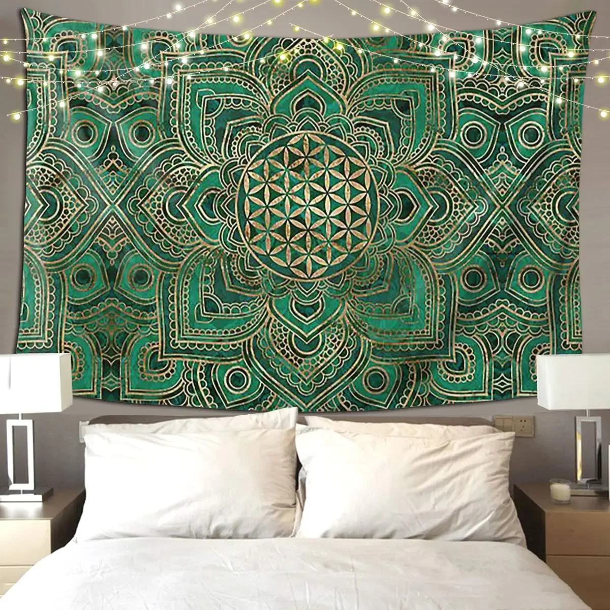 Flower Of Life In Lotus - Malachite And Gold Tapestry Funny Wall Hanging Aesthetic Home Tapestries for Room Bedroom Dorm Room