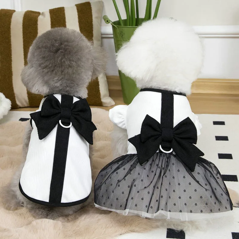 

Dog Clothes Flying Sleeve White Shirt Black Tulle Bow Dress&Hoodies For Small Dogs Chiwawa Dachshund Puppy Pullover Dresses XS