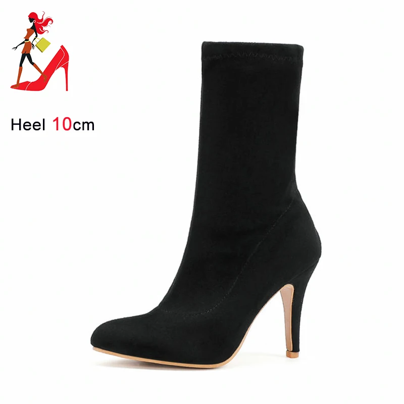 2023 Autumn Winter Sock Short Boots Lady Mid-Calf Thin High Heels Large Size 46 Fashion Women Shoes Elastic Flock Pointed Boots