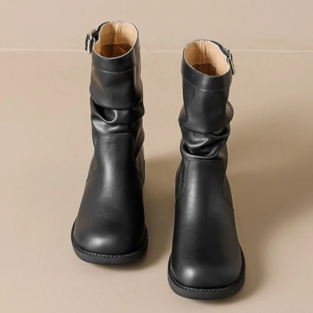 

Women's Boots Autumn and Winter New Fashion Temperament Sleeve Wrinkled Boots Retro British Style Mid-tube Boot Women Mid-Calf