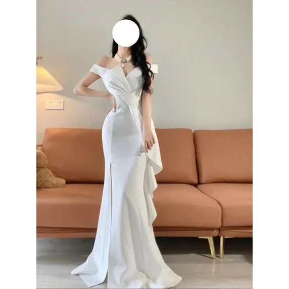 Hawlife Korean White Maxi Civil Wedding Evening Cocktail Long Dress Gown 011