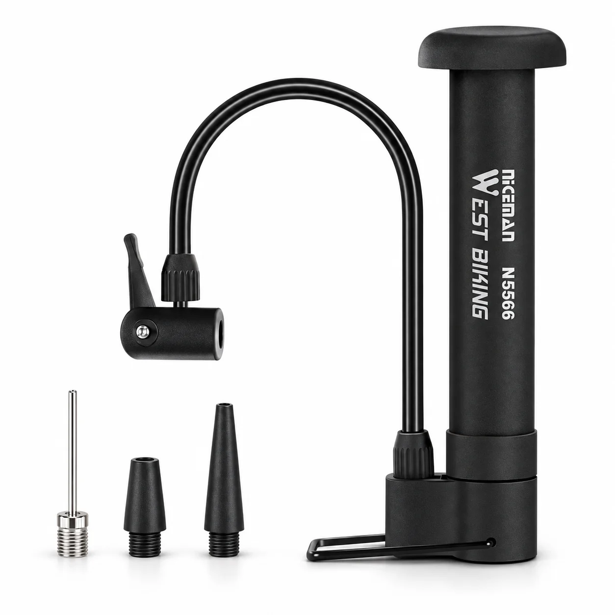 Bomba de bicicleta portátil e compacta, preta, para encher pneus de bicicleta, com mangueira flexível, ideal para bicicletas de montanha (MTB) e de estrada, e como acessório para ciclismo.