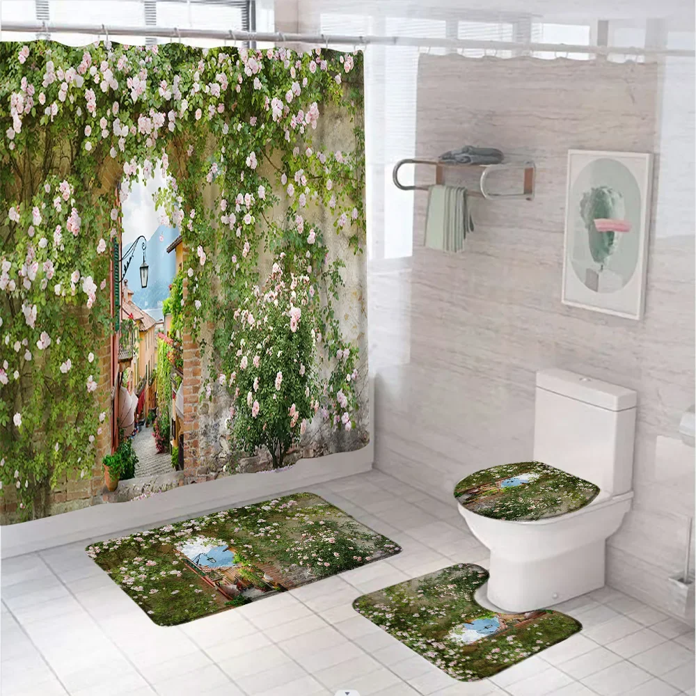 Spring Floral Wall Shower Curtain Set Country Town Green Ivy Leaves Blossom Flower Landscape Bathroom Rug Toilet Cover Bath Mat