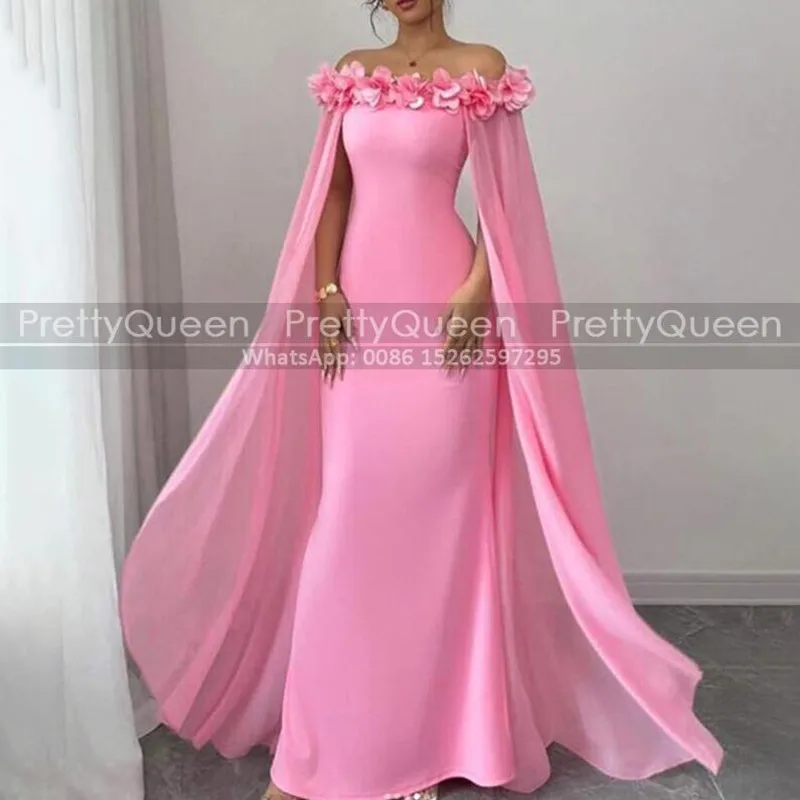 

Flowers Off Shoulder Prom Dresses Long Pink Chiffon Cloak Sheath Customized Reception Dress Party For Women