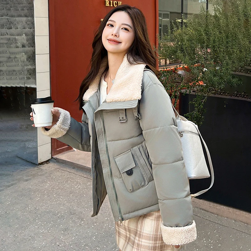 

2025 модная женская зимняя куртка из искусственной овечьей шерсти, верхняя одежда-пуховик, корейская уличная толстая теплая хлопковая куртка с воротником-стойкой