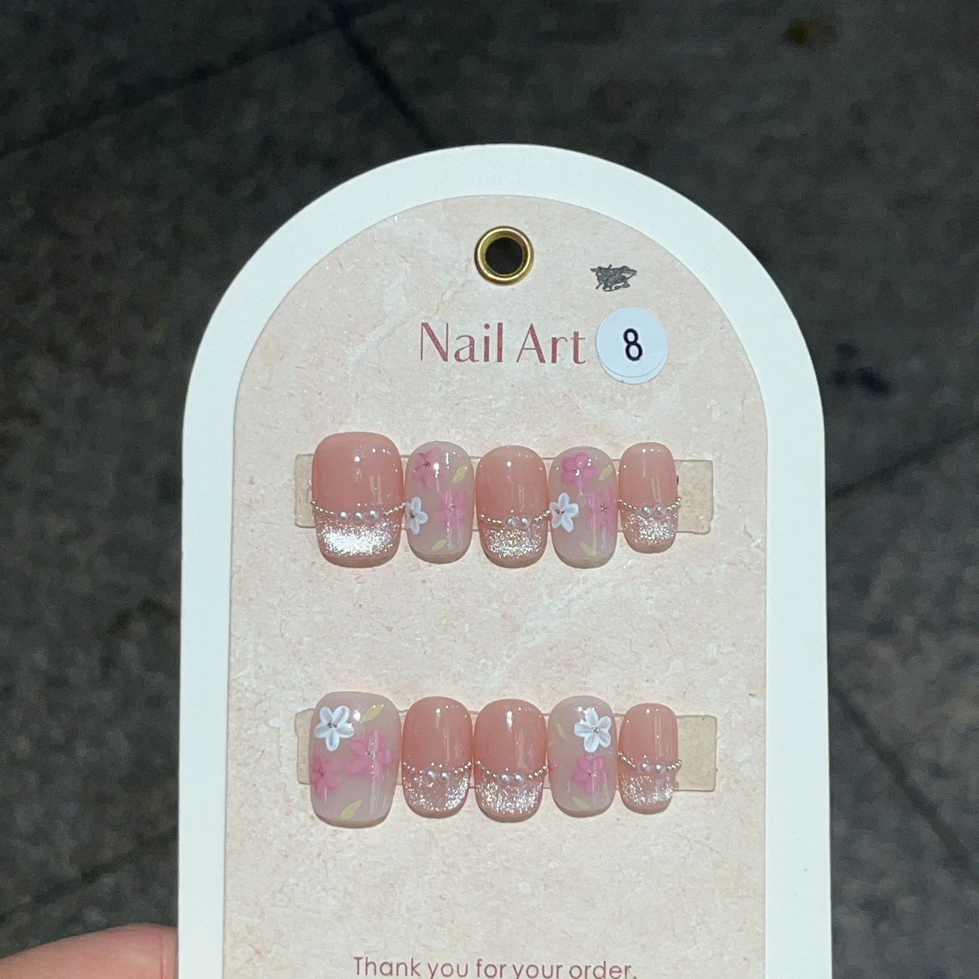 10Pc Pink French Cat Eye Press on Nails Short Hand Drawn Flower False Nail with Pearls Full Cover Wearable Ballet Fake Nail Tips