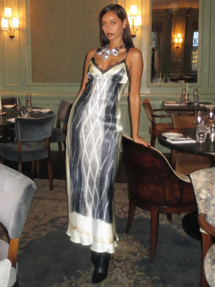 Weird Puss Lace Patchwork Dress Women Sexy Satin Colorful Print V Neck Banquet Party Gown Clubwear Sleeveless Trend Long Bodycon