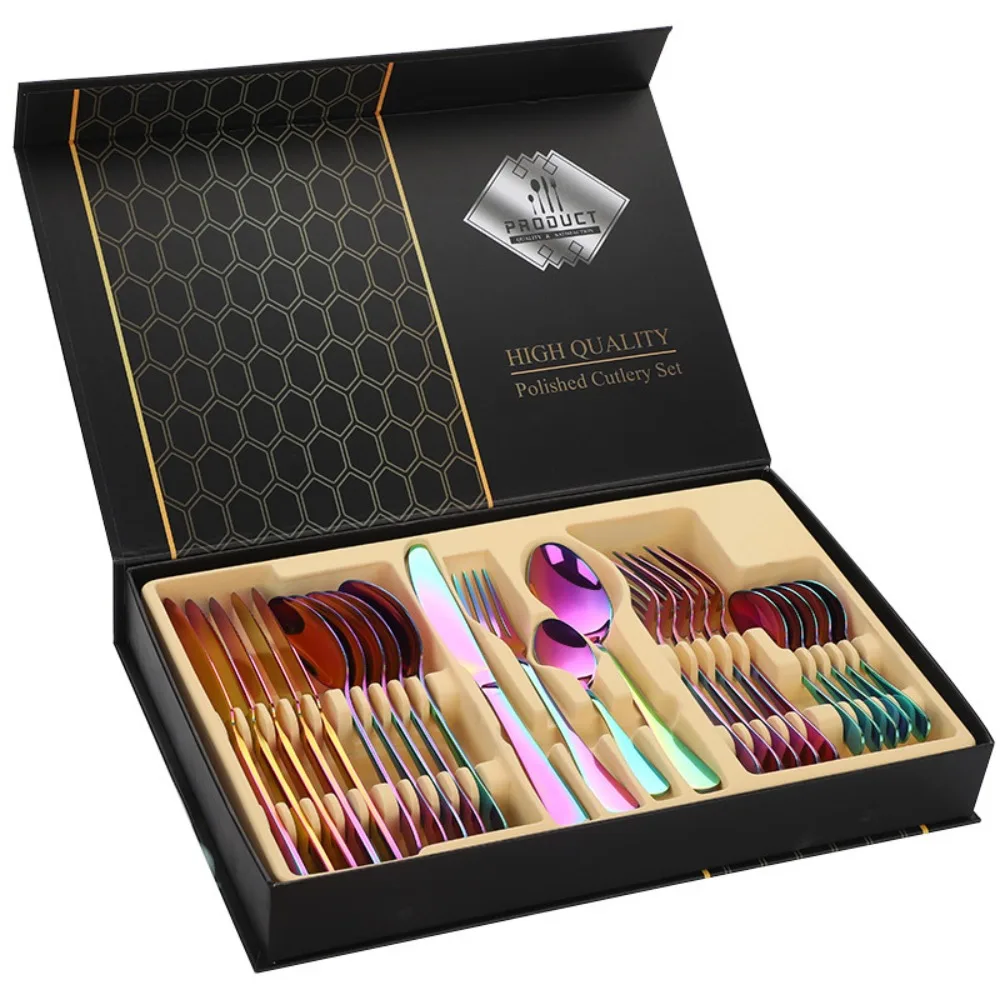 

24 Pcs Food Grade Cutlery Set with Box Light Luxury Minimalist Dinner Spoon Fork Set Portable Decor Stainless Steel Tableware