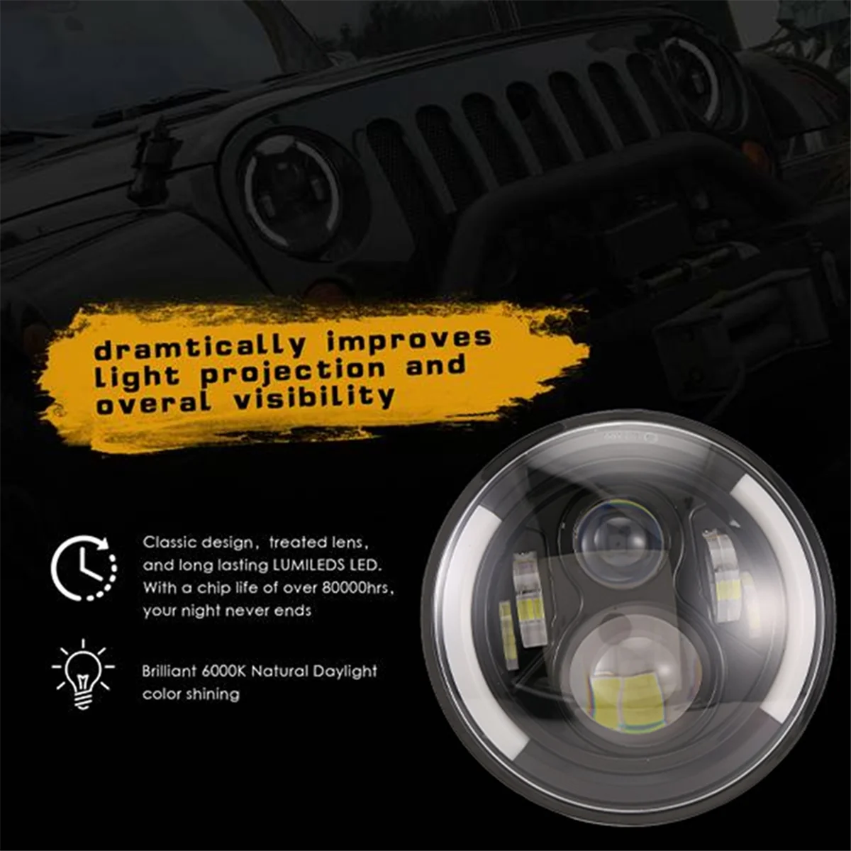 7 Polegada led farol redondo 200w halo ângulo olhos drl lâmpada de corrida para jeep wrangler jk lj tj cj 1997-2018 1 pçs