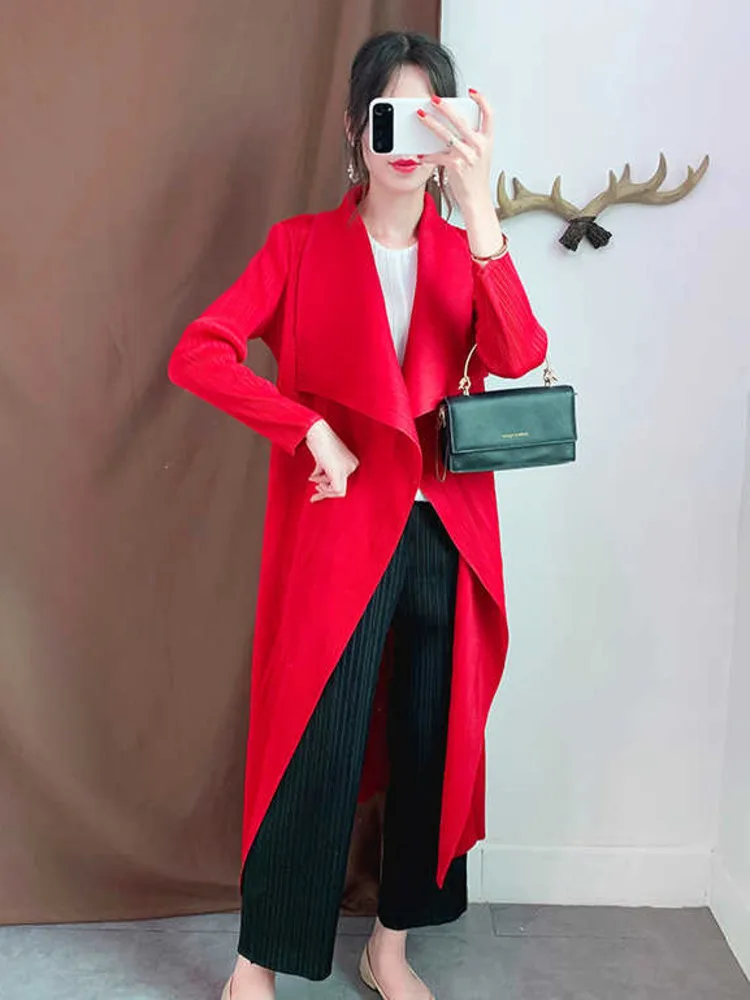 LANMREM Pleated Trench Coat For Women Lapel Long Sleeves Solid Color Loose Cardigan Outwear Clothing 2024 Spring Summer 2D1612