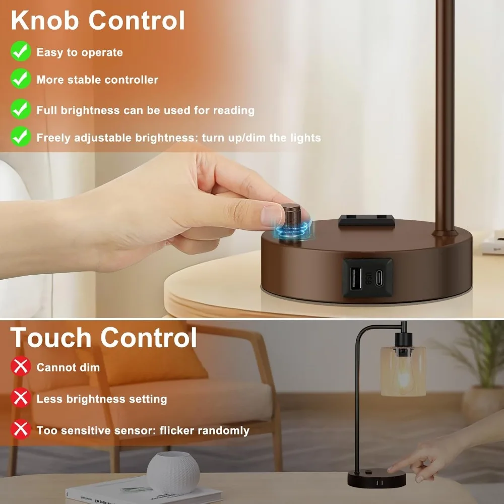 Industrial Table Lamps Set of 2 - Dimmable Bedside Lamps with USB & Outlet, Brown Nightstand Lights for Living Room, Office Reading view 4