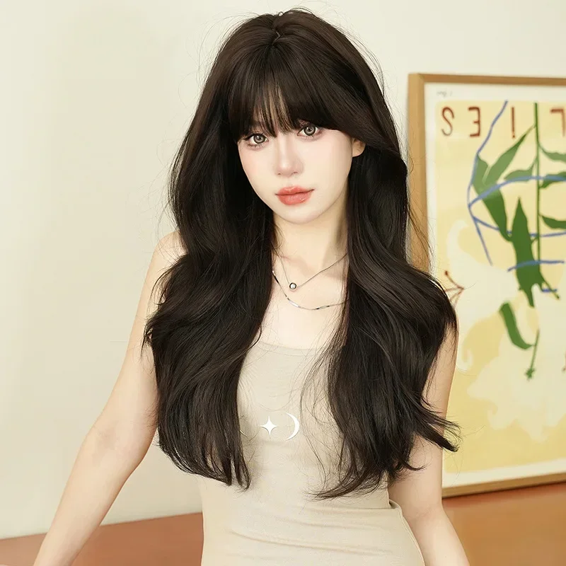 

New Woman wigs Dark Brown Synthetic Wigs with Bang Long Natural Wavy Hair Wig for Women Daily Cosplay party Use Heat Resistant