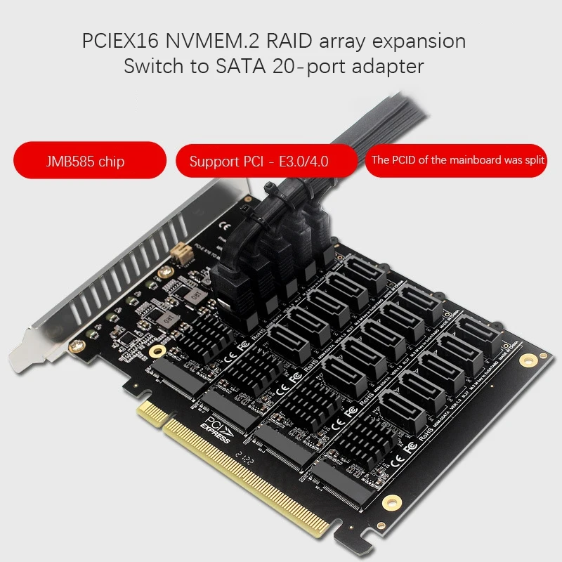 PCI-E SATA Card PCIE X16 NVME M.2 RAID Array Expansion To SATA 20-Port Adapter Card JMB585 Chip