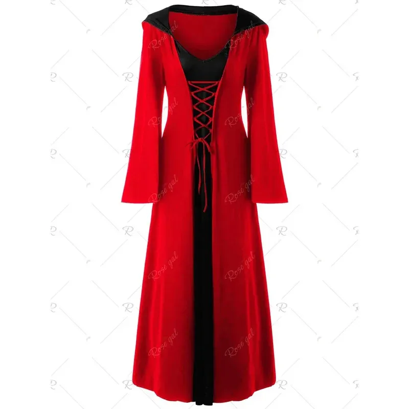 Vestido medieval para mulheres, vestido vintage com capuz, manto, adulto, retrô, cosplay, halloween, assustador, vampiro, bruxa, vestido longo
