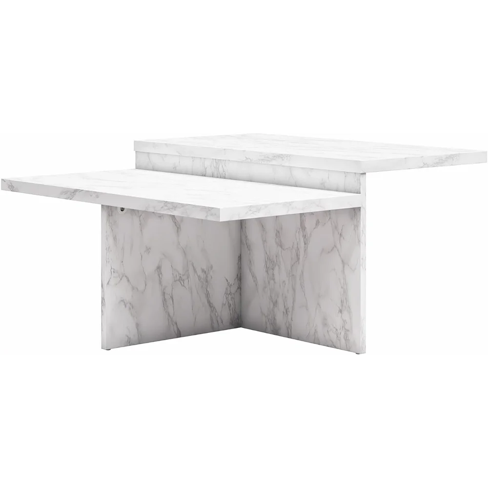 Mesa de centro Brielle de dos niveles, imitación mármol blanco
