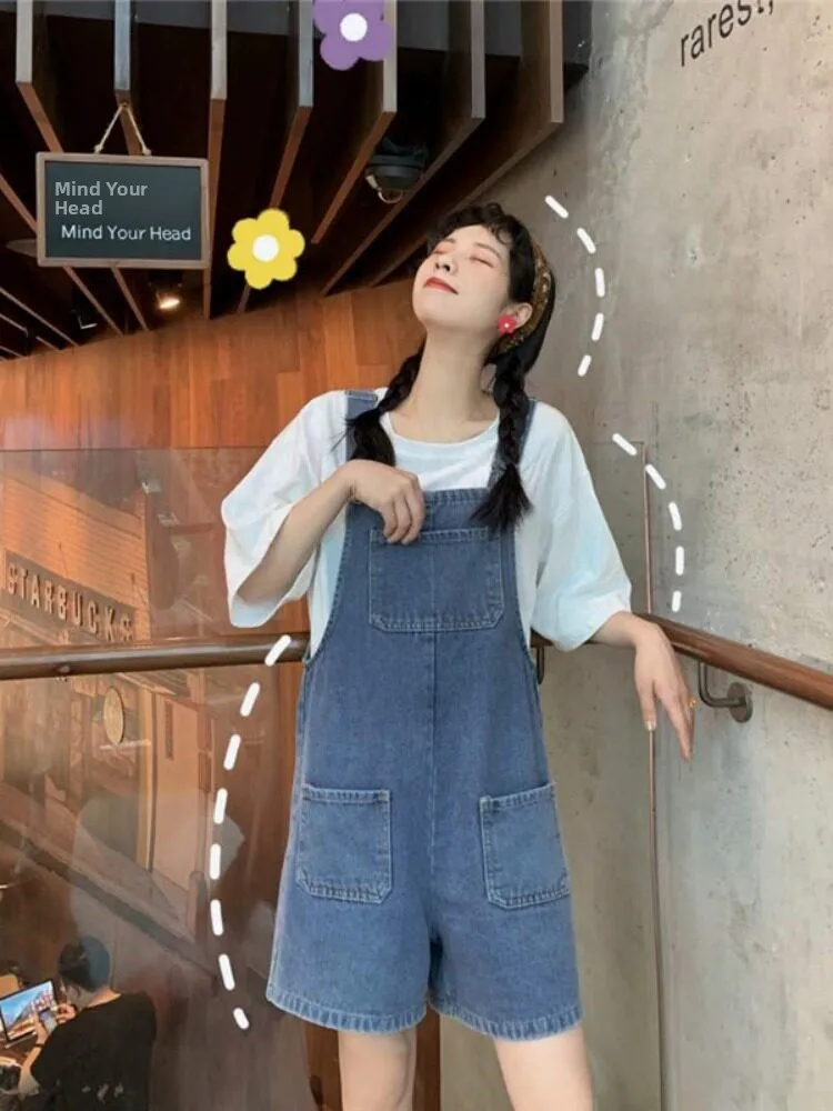 

Women's Denim Overalls Shorts Loose Fit Spring Fashion Korean Style Student Slimming Wide Leg Strap Onesie Trendy Blue