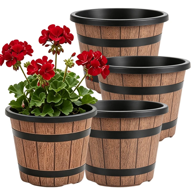 Plastic Flowers Pots With Drainage Holes Imitation Wine Barrel Plant Pots For Indoor Outdoor Gardening Decoration Flowerpots