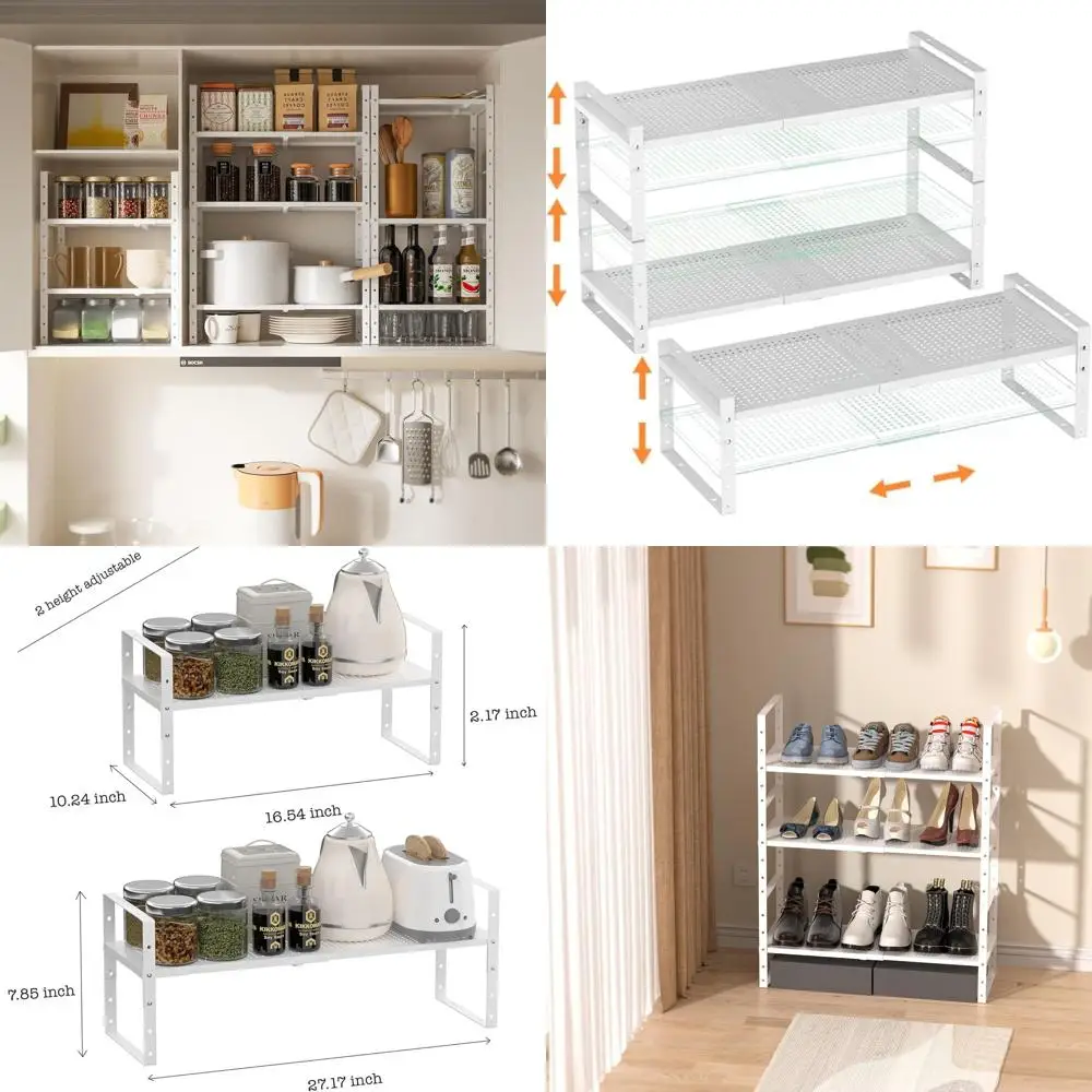 

Expandable Stackable Metal Shoe Rack Organizer, Adjustable Kitchen Shelf Riser, Large White for Cabinets, Kitchens, Closets, and
