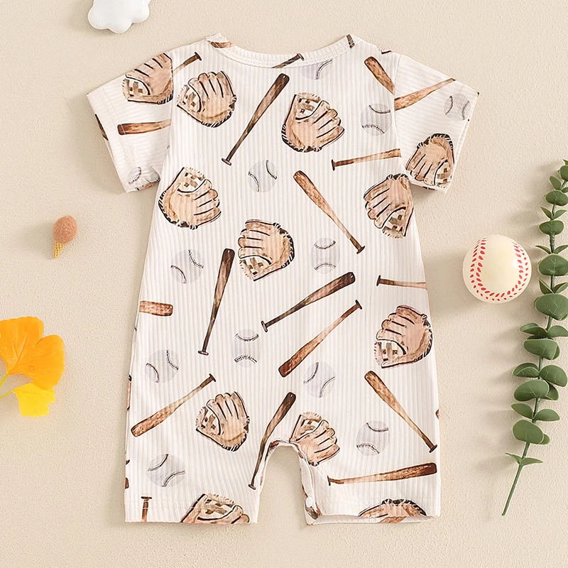 2024-04-18 Lioraitiin 0-18M Summer Baby Boys Girls Clothes Baseball Print Jumpsuit Round Neck Short Sleeve Romper