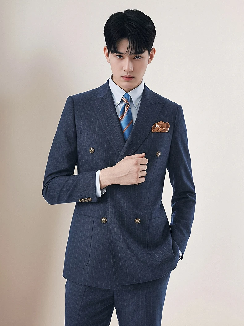 

Men‘s Spring Double-Breasted Deep Blue Stripe Suit Business Casual & Groom Wedding Blazer Vest Pant Set with Peak Lapel 58 44