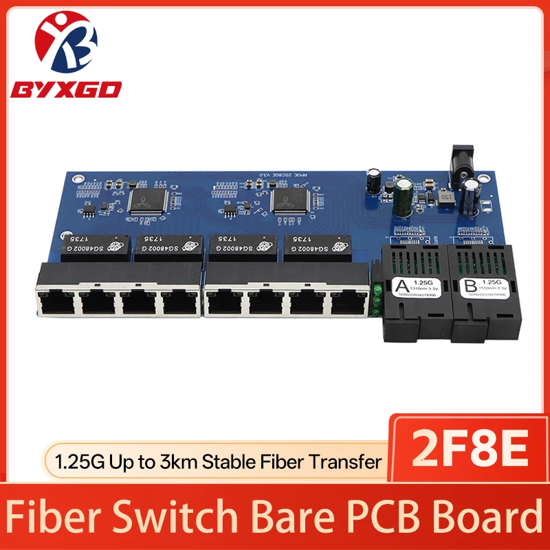 Industrial 1.25G 2F8E Single Mode Single Fiber Gigabit Switch PCBA Bare Board, 2SC BIDI 8 RJ45 Ethernet Fiber Switch Board 3KM