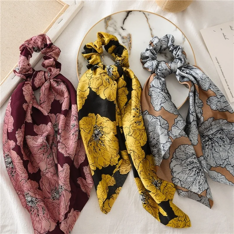 Vintage Leopard Print Bow Satin Scrunchie Women Girls Long Ribbon Ponytail Scarf Elastic Hair Tie Scrunchies Hair Accessories