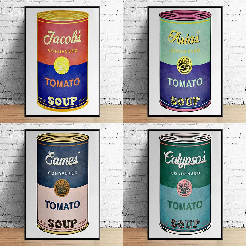 Kitchen Set of 4 Warhol Watercolor Soup Canned Tomato Poster Print Wall Art Pictures Canvas Painting Living Room Home Decor Gift