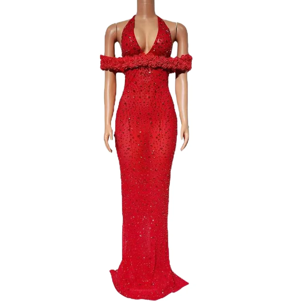 Robe longue élégante à fleurs et strass pour femmes, épaules dénudées, Sexy, maille, soirée, bal, anniversaire, vêtements de séance Photo