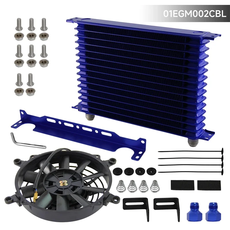 

15 Row AN10 Engine Oil Cooler w/ AN10 To AN8 Fittings Mounting Bracket + 7" Electric Fan Black/Blue Universal