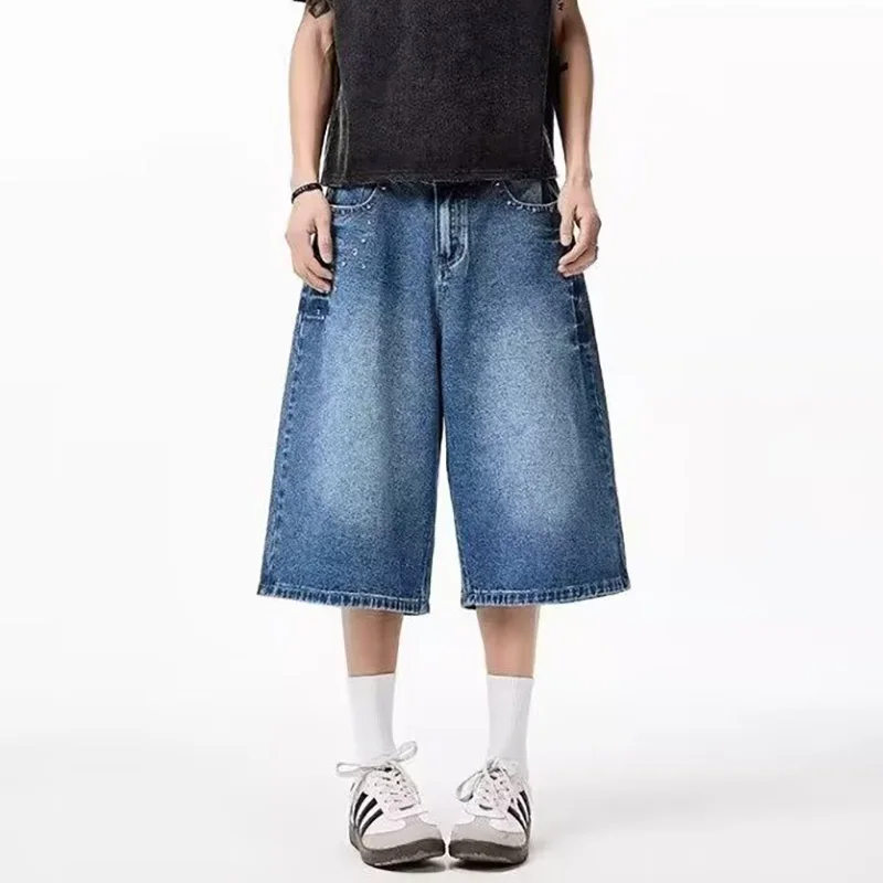 2026 Summer New Lightning Pattern Jeans Men'S Cropped Pants High Waisted Straight Leg Pants Casual Loose Wide Leg Pants